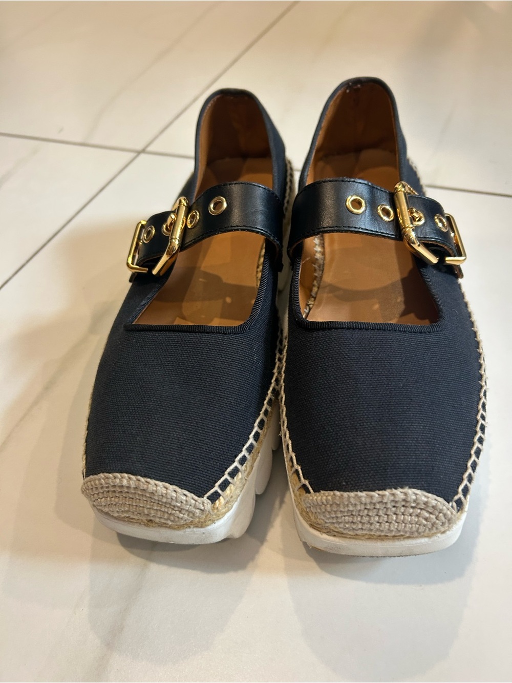 Marni Black Espadrille Mary Jane Flats with Gold Buckles